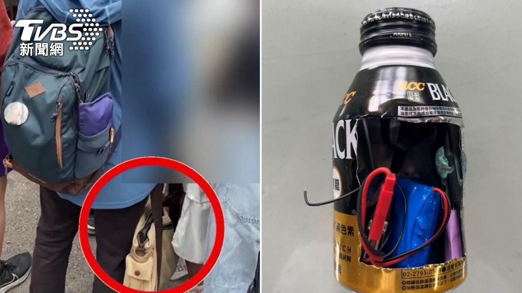 王男將裝有針孔攝影機的咖啡罐放在包包前。（圖／TVBS）
