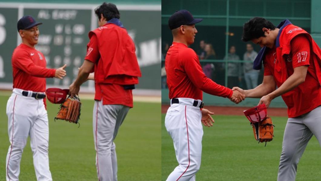 大谷與吉田握手致意。（圖／翻攝自fullcountmlbc2、MLB推特）
