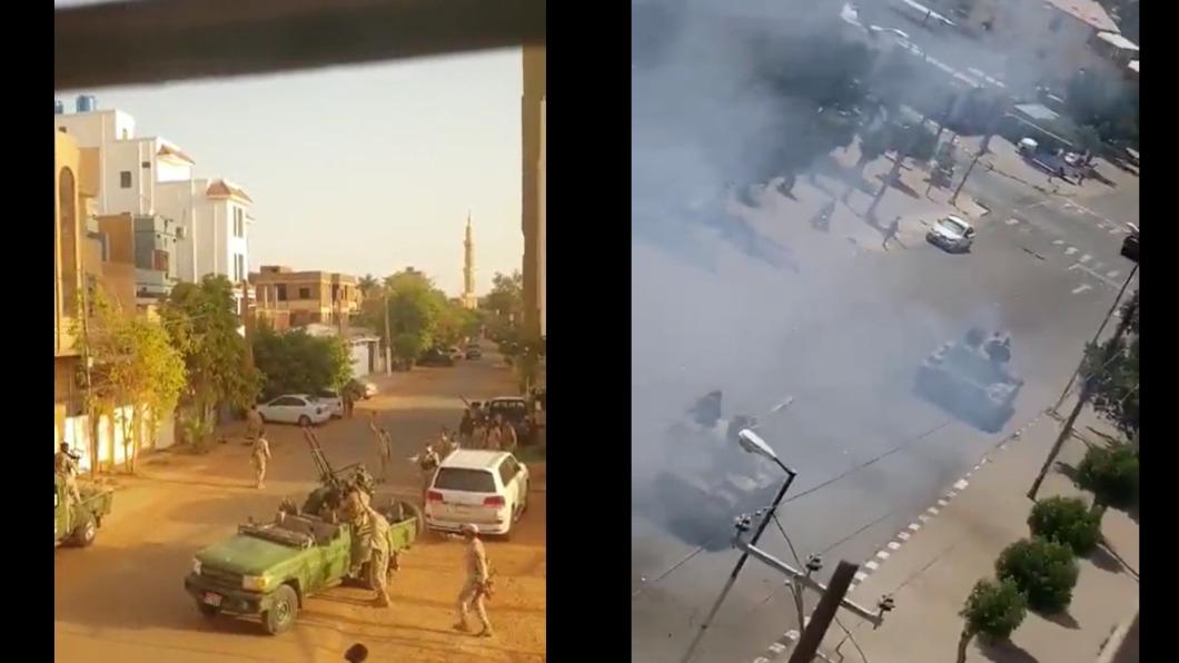 蘇丹首都喀土穆爆發武裝流血衝突，當地居民拍攝現況分享，街道上滿是坦克與軍隊。（圖／翻攝自推特影音）
