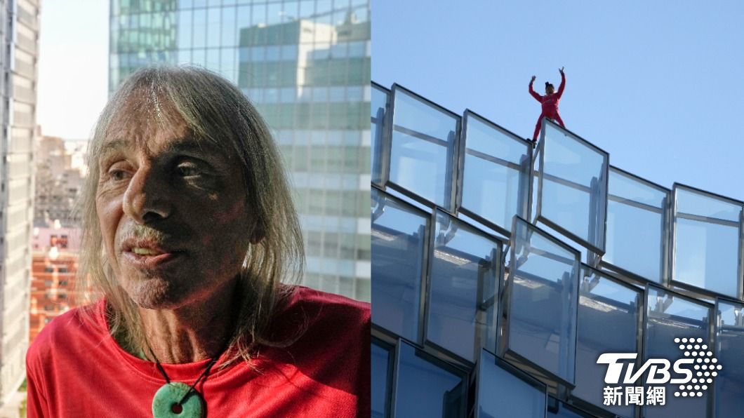 有法國蜘蛛人稱的羅伯特，今（20）日爬上巴黎一棟摩天大樓向馬克宏抗議。（圖／達志影像美聯社）