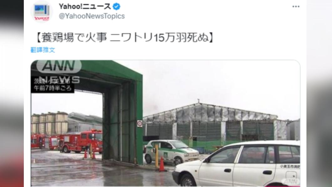 日本茨城縣一家養雞場今（26日）凌晨發生大火，15萬隻蛋雞被燒死。（圖／翻攝自推特）