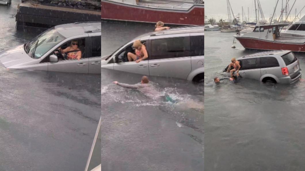 兩名女子把車開進海裡，當地居民馬上下水救援。（圖／翻攝自Instagram @thehutchess）