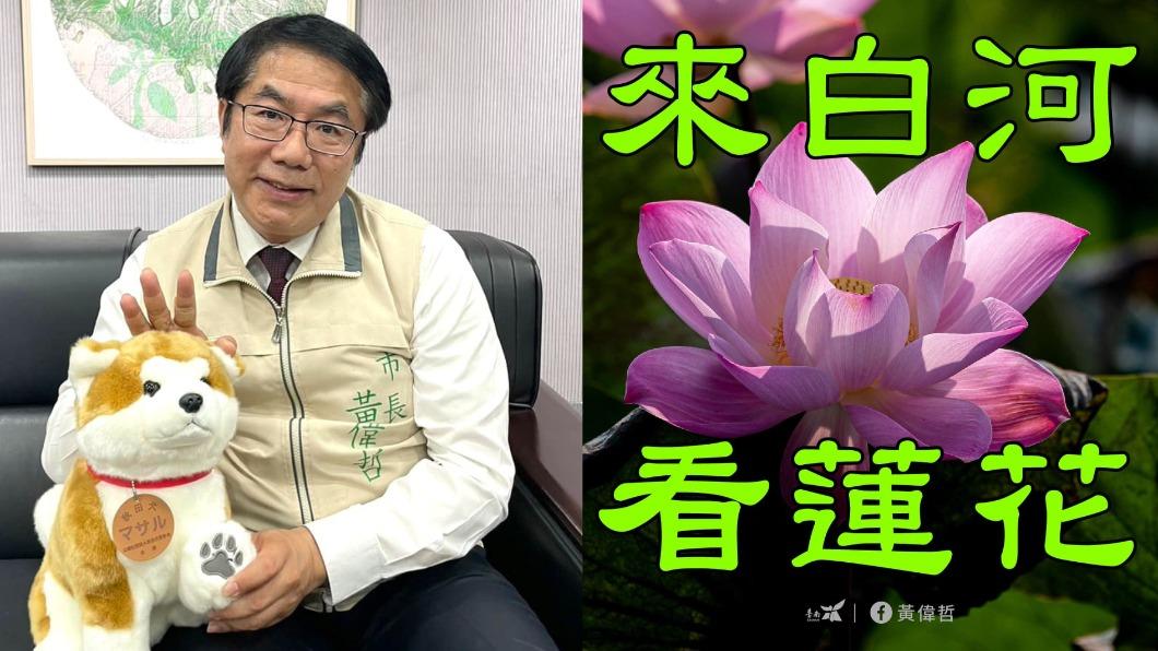 台南市長黃偉哲用長輩圖宣傳白河蓮花季。（圖／翻攝自黃偉哲臉書）