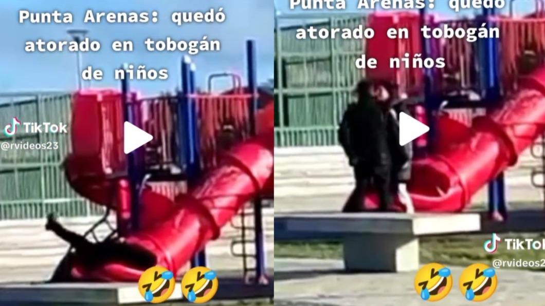 智利總統波里奇在家鄉溜滑梯卻卡住，尷尬畫面卻被鄰居全都錄且曝光。（圖／翻攝自TikTok影片）