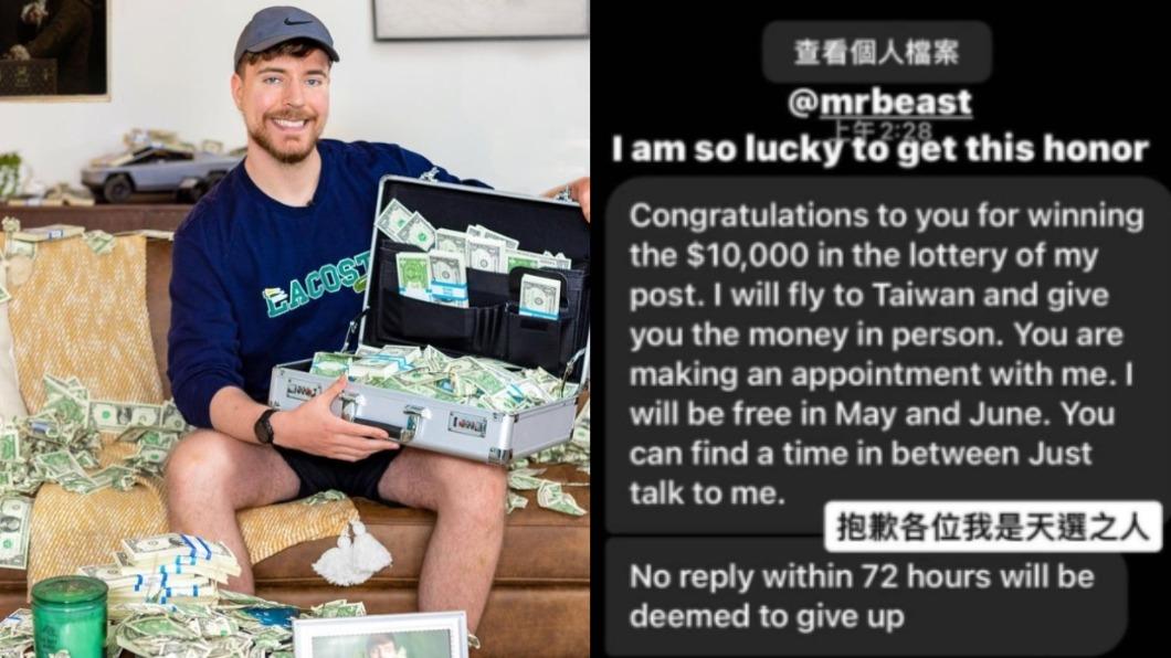 MrBeast要抽人送1萬美元，有台灣粉絲竟曬出中獎對話。（圖／翻攝自MrBeast IG、Twitter）