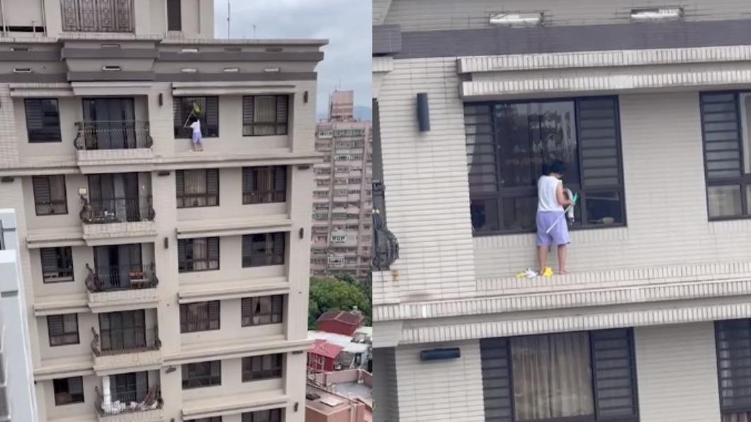 超狂阿姨站在高樓外牆擦玻璃震驚網友。（圖／翻攝自@爆廢公社　臉書）