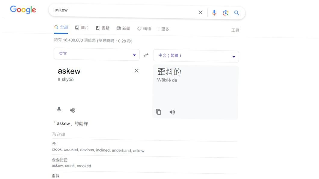 搜尋「askew」後畫面會變斜斜的。（圖／翻攝自Google頁面） 快試試！Google藏「6彩蛋」　輸入關鍵字玩經典遊戲