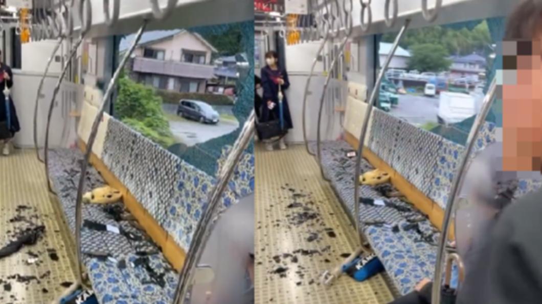 列車在行駛途中，車窗玻璃被砸破，大片碎玻璃噴濺在地板、座位附近，十分怵目驚心。（圖／翻攝自@nerotoguri推特）