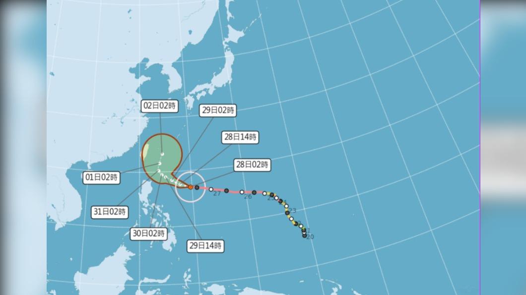 颱風瑪娃未來路徑將會朝琉球南方海面彎過去。（圖／中央氣象局）