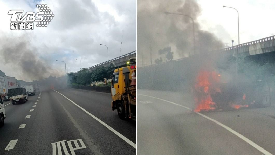 國道1號稍早傳出火燒車意外。（圖／TVBS）