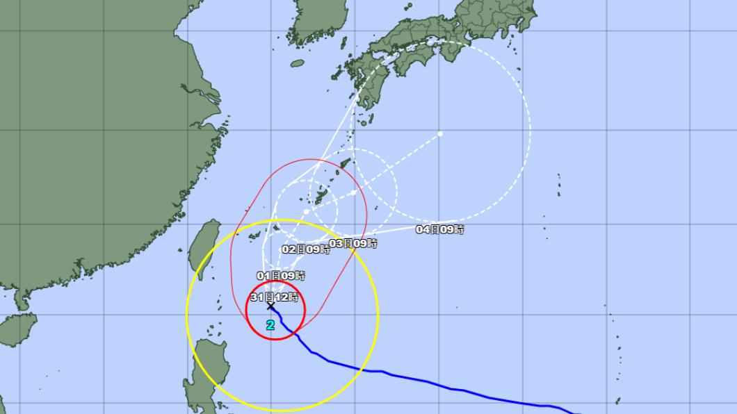 日本氣象廳所預測颱風瑪娃的路線。圖中日期時刻為日本時間，較台灣快1小時。（圖／翻攝自氣象廳官網）