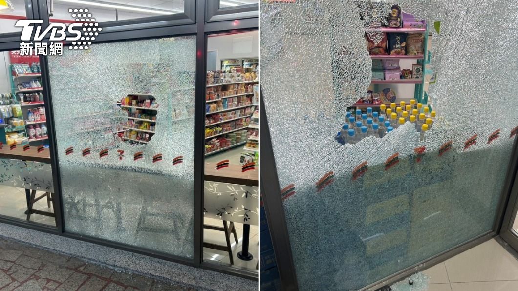 超商玻璃被砸破。（圖／TVBS）