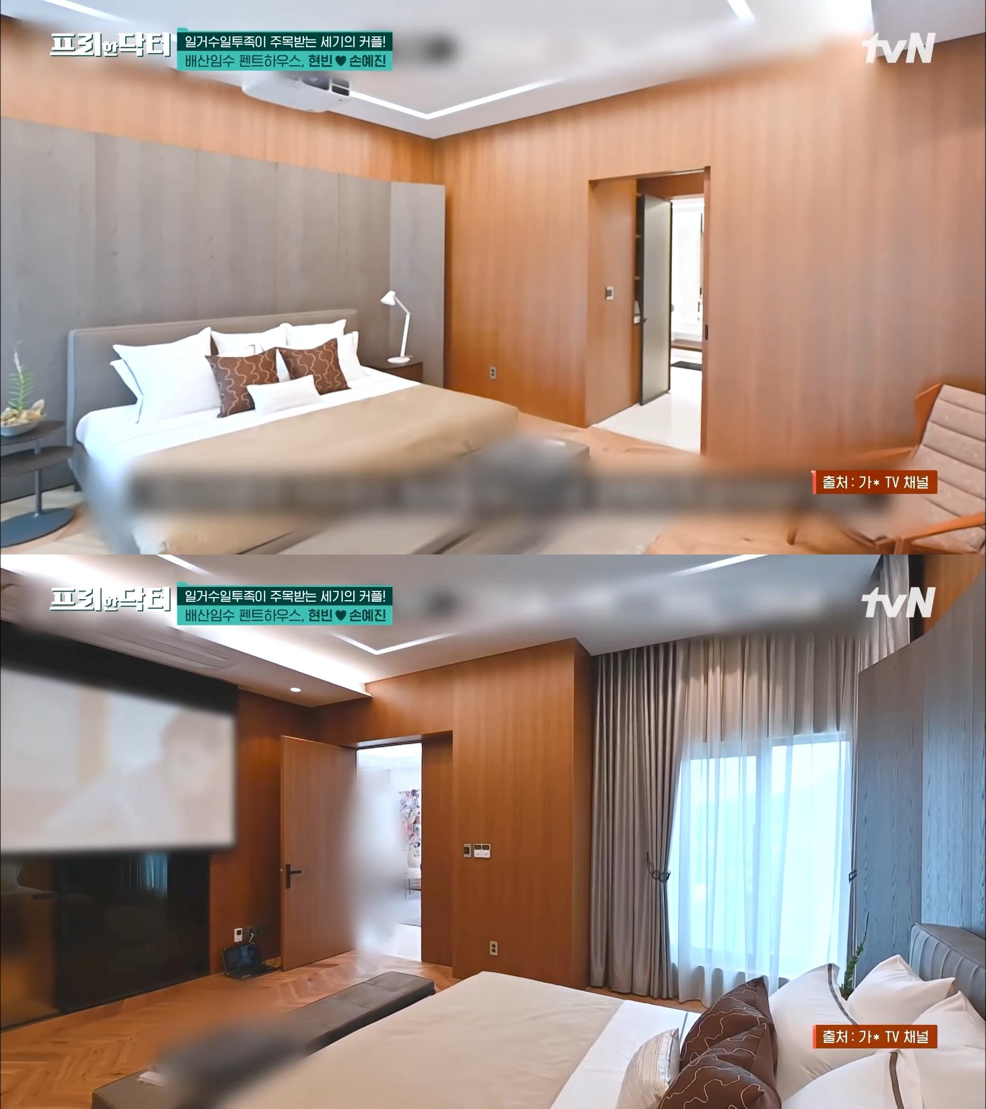 玄彬、孫藝真的主臥室走自然風,裡頭寬敞還有投影幕。(圖/翻攝自tvN YouTube)