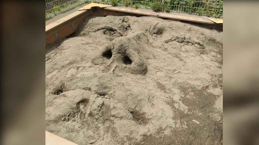 網友經過沙坑發現被堆成巨人臉。（圖／翻攝自Twitter）