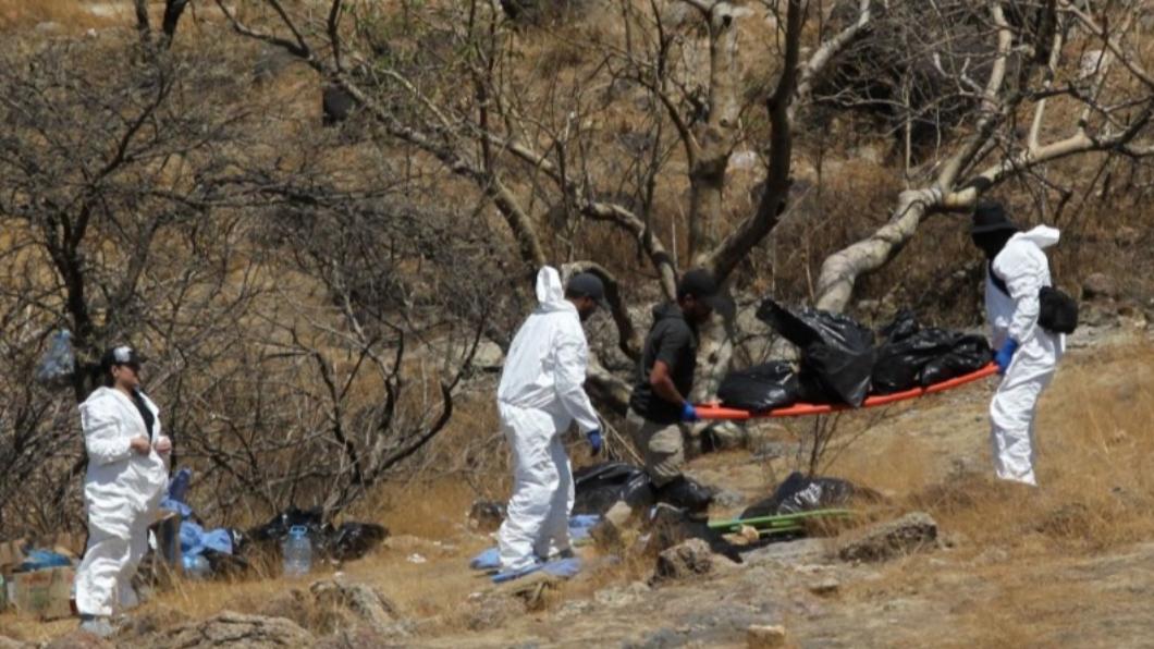 搜查人員從峽谷中運出45個黑色塑膠袋，裡頭裝滿成堆的人類遺骸。（圖／翻攝自@renmusb1推特）