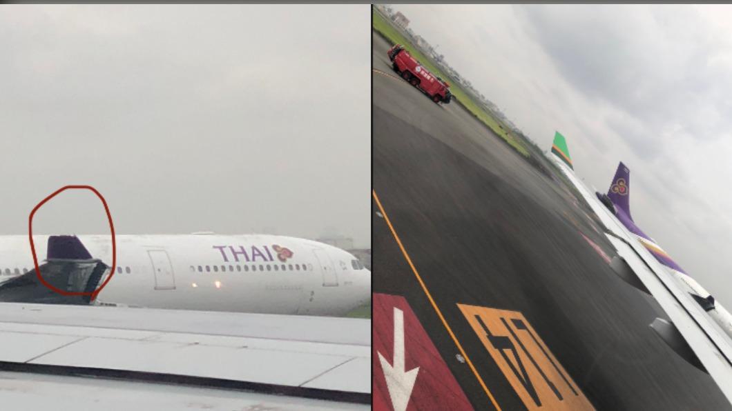 兩機在羽田機場擦撞，泰國航空機翼出現明顯破損。（圖／翻攝自推特@persian_Kuri）