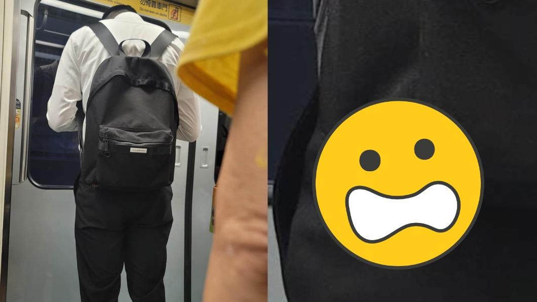 1名網友搭捷運時看見男乘客背包上有鬍鬚，仔細一看才發現是「小強」。（圖／翻攝自「爆料公社」臉書）