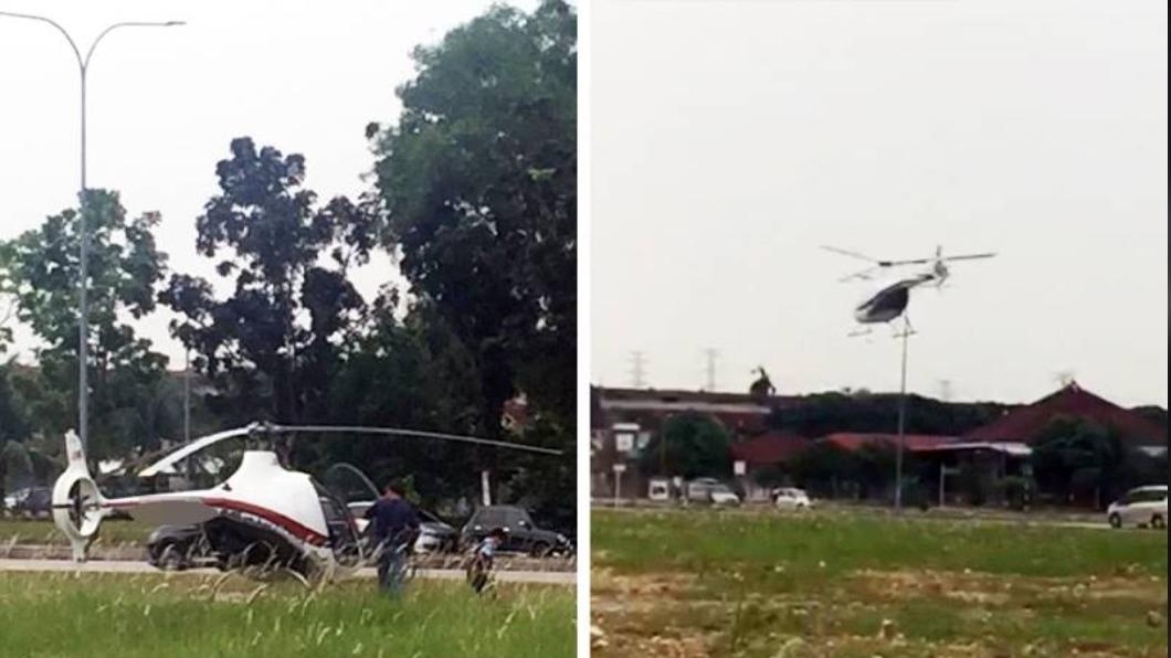 民眾目擊一架直升機停靠在小學空地。（圖 / 翻攝自推特）