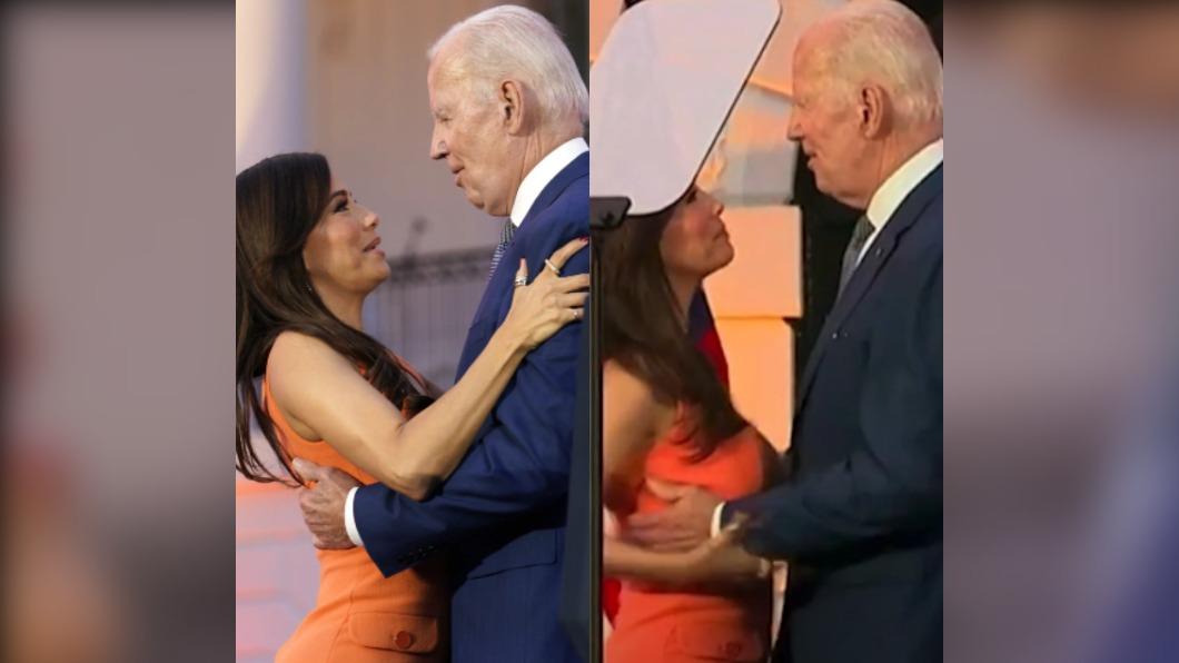 拜登（Joe Biden）疑伸鹹豬手「摸胸」隆格莉亞（Eva Longoria）。（圖／翻攝自推特）