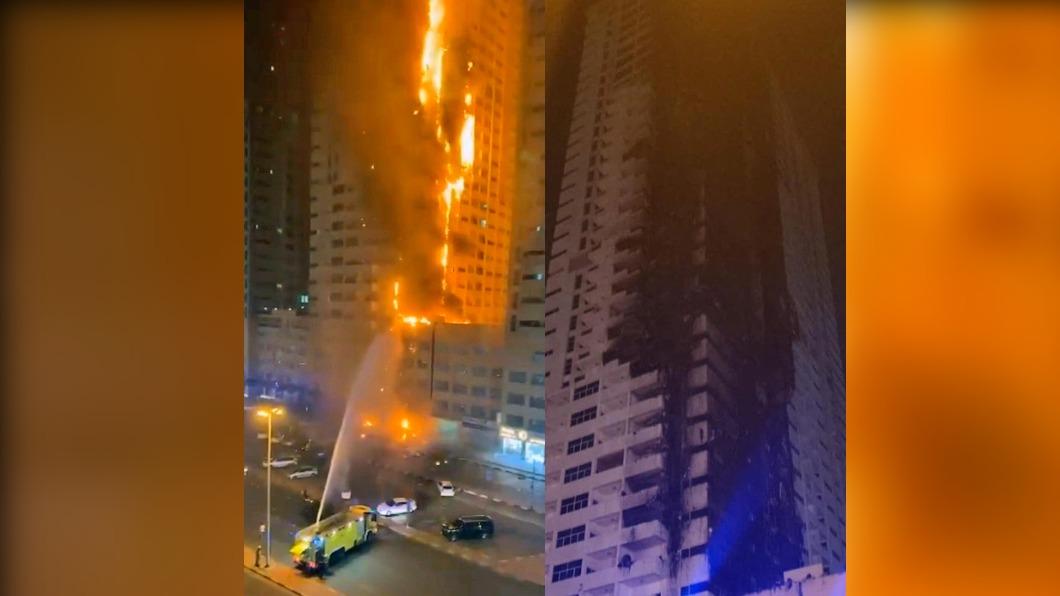 阿聯阿治曼（Ajman）36層高的「二號塔樓」（Tower 02）暗夜發生火災。（圖／翻攝自《太陽報》）