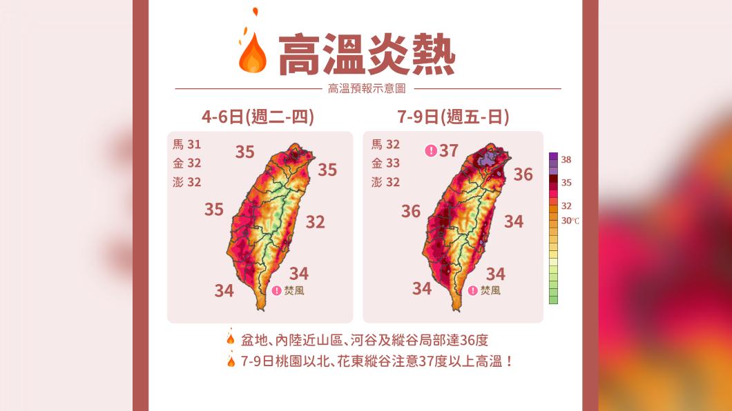 氣象局發布最新圖資，局部留意37度以上高溫。（圖／氣象局提供）