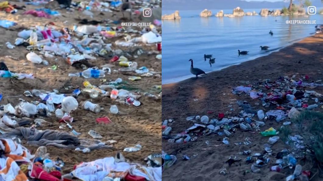 太浩湖邊的鵝被迫走在堆滿垃圾的淺灘上。（圖／翻攝自@KeepTahoeBlue推特）