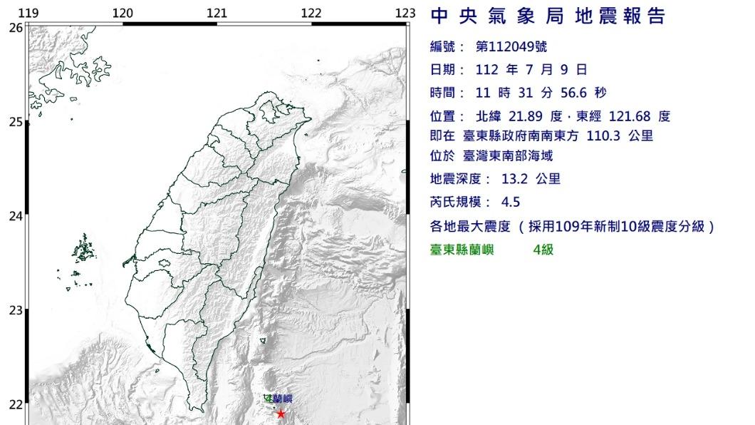上午11時31分臺灣東南部海域發生芮氏規模4.5地震。（圖／氣象局）