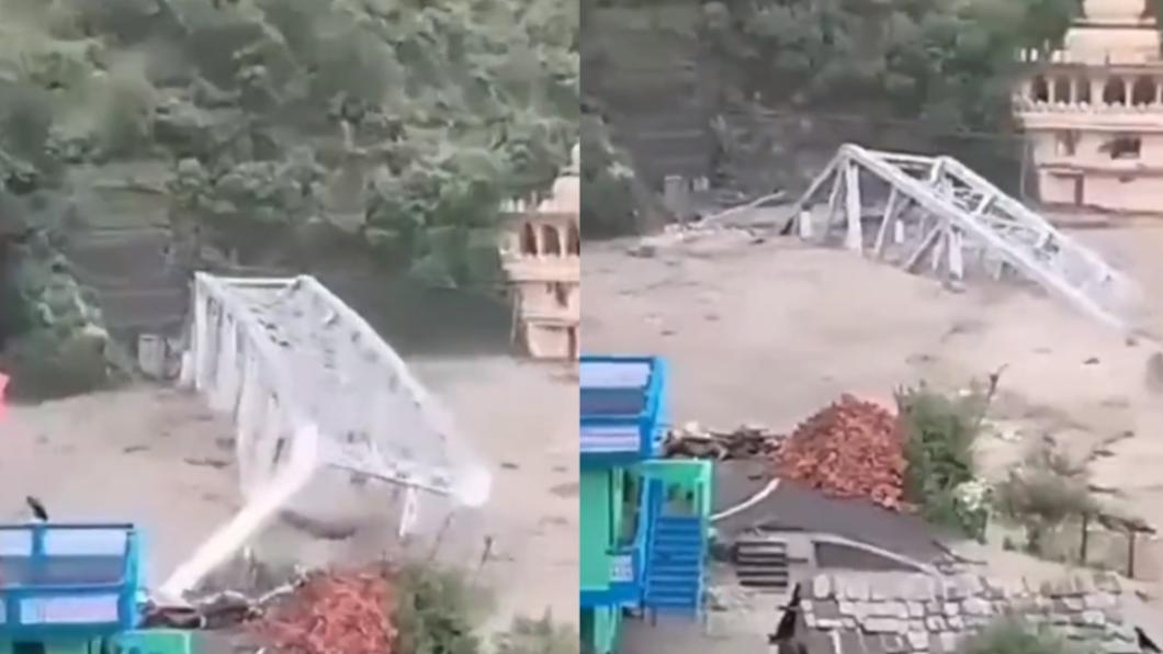 印度北部降下豪雨，橋梁在洪流中被沖毀、淹沒。（圖／翻攝自@theinformantofc推特）
