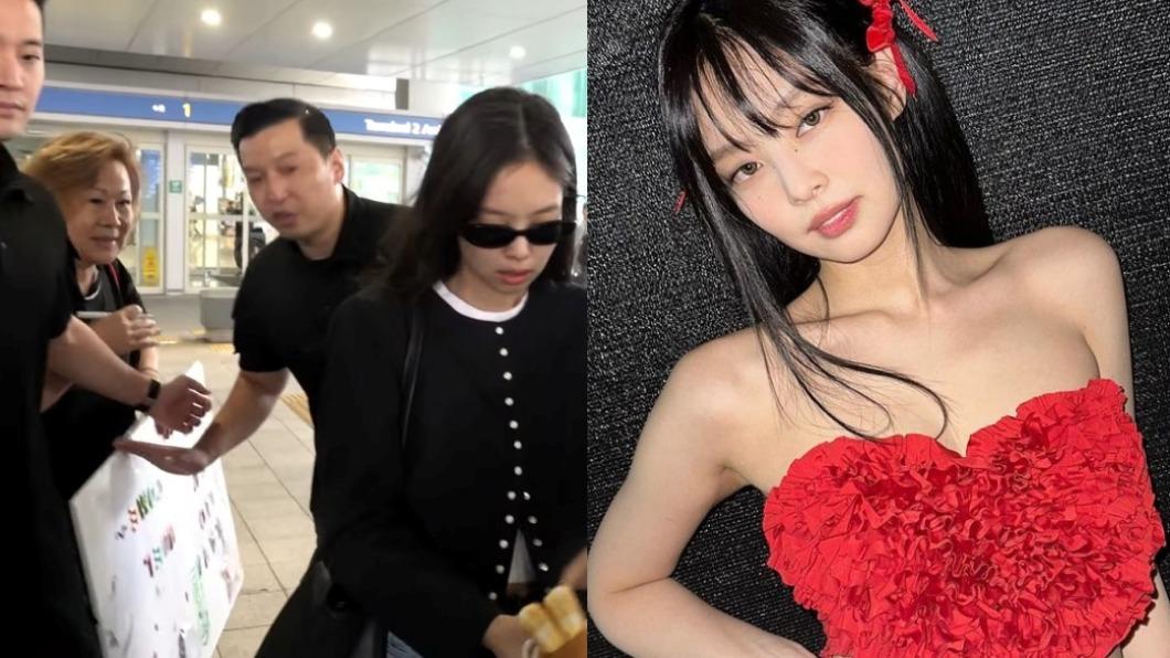 Jennie昨日回到韓國，有奶奶級粉絲在機場接機。（圖／翻攝自RNXtvKorea YouTube、Jennie IG）