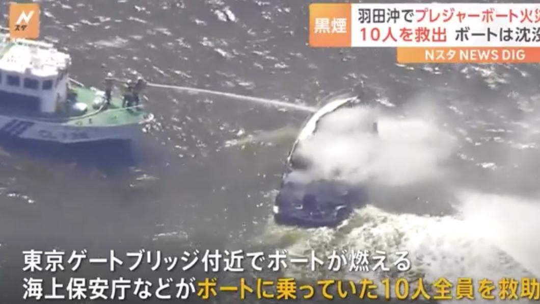 日本羽田機場外海有遊艇起火，船上10人獲救（圖／翻攝TBS）