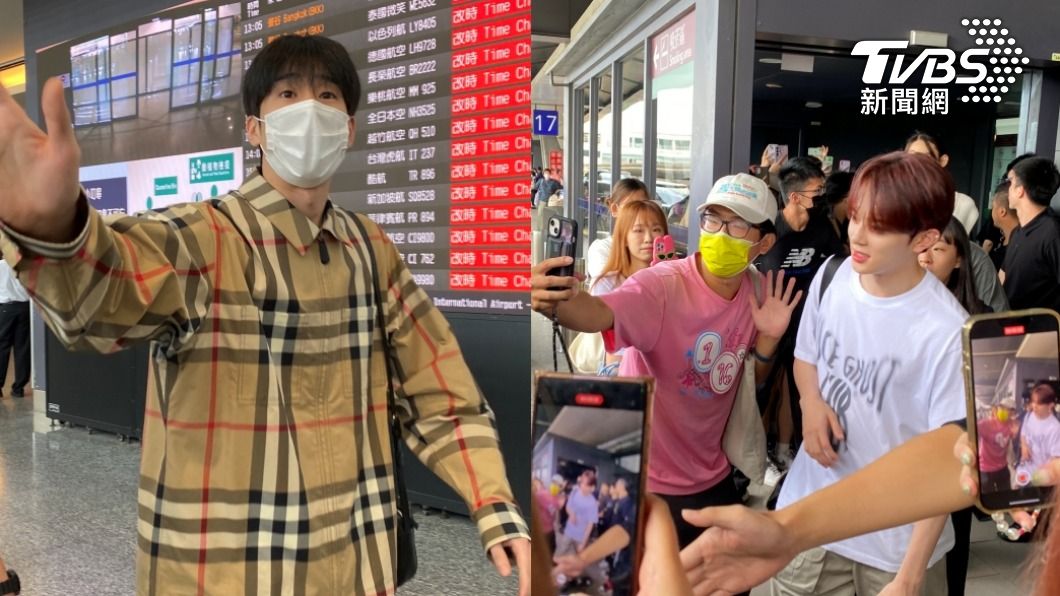 韓勝宇（左）現身桃園機場時大方打招呼，VERIVERY也搭同班機來台。（圖／林坤緯攝）