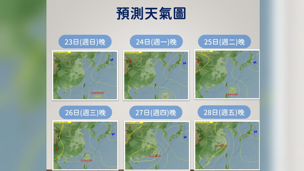 氣象局發布6張地面天氣圖，下週三至週四颱風最接近台灣。（圖／氣象局提供）