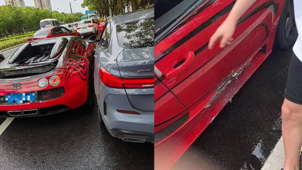大陸江蘇省發生一起布加迪與BMW的擦撞事故，結果前者車主竟飆罵「賠你一輛」。（圖／翻攝自微博）