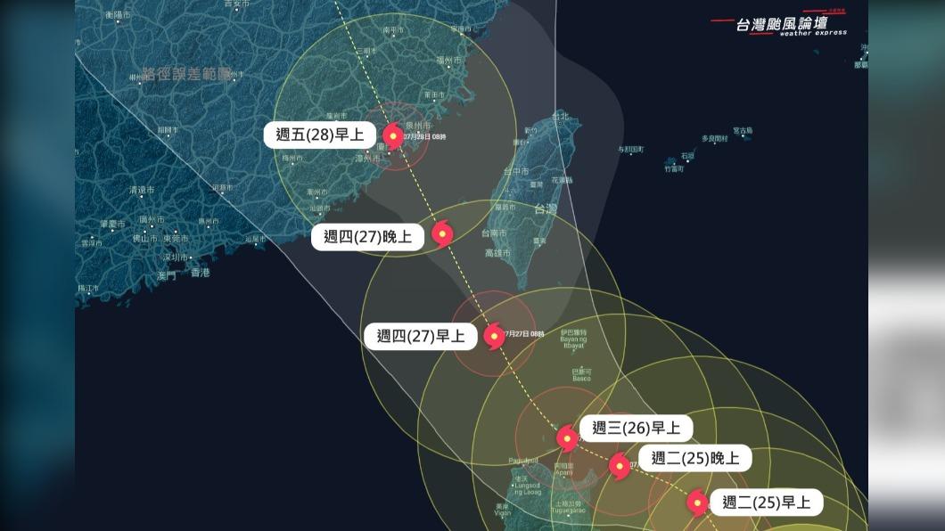 杜蘇芮颱風路徑再西修仍會有風雨，東、南部、大台北不可輕忽。（圖／翻攝自台灣颱風論壇｜天氣特急臉書）