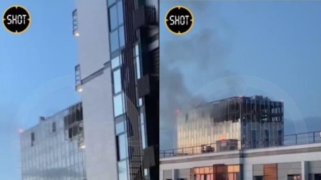 莫斯科一棟建築物遇無人機攻擊。（圖／翻攝自Mediazona推特）