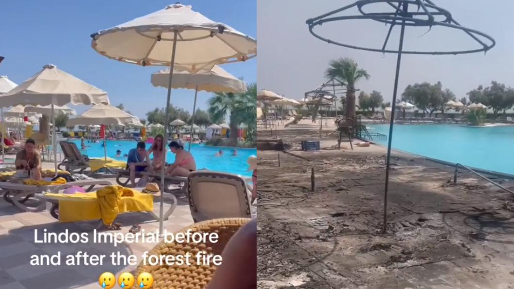 希臘羅德島一家豪華5星級SPA度假村遭野火侵襲，泳池邊宛如一片焦土。（圖／翻攝自@k_urdo4 TikTok）