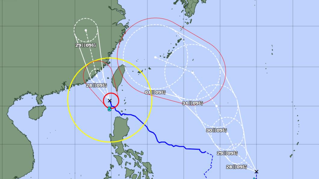 日本氣象廳預估杜蘇芮與卡努颱風的路徑。圖中時間為日本時間，較台灣快1個小時。（圖／翻攝自氣象廳網站）
