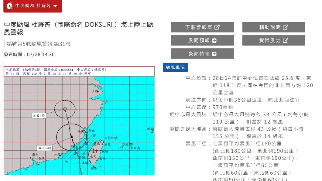 中度颱風杜蘇芮逐漸遠離。（圖／氣象局）
