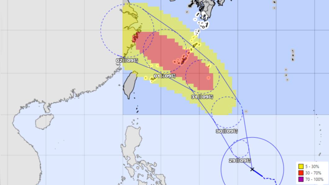 根據日本氣象廳最新預測，卡努颱風不會登陸台灣，暴風圈則可能會觸及北台灣，但機率相對較低。（圖／翻攝自日本氣象廳網站）