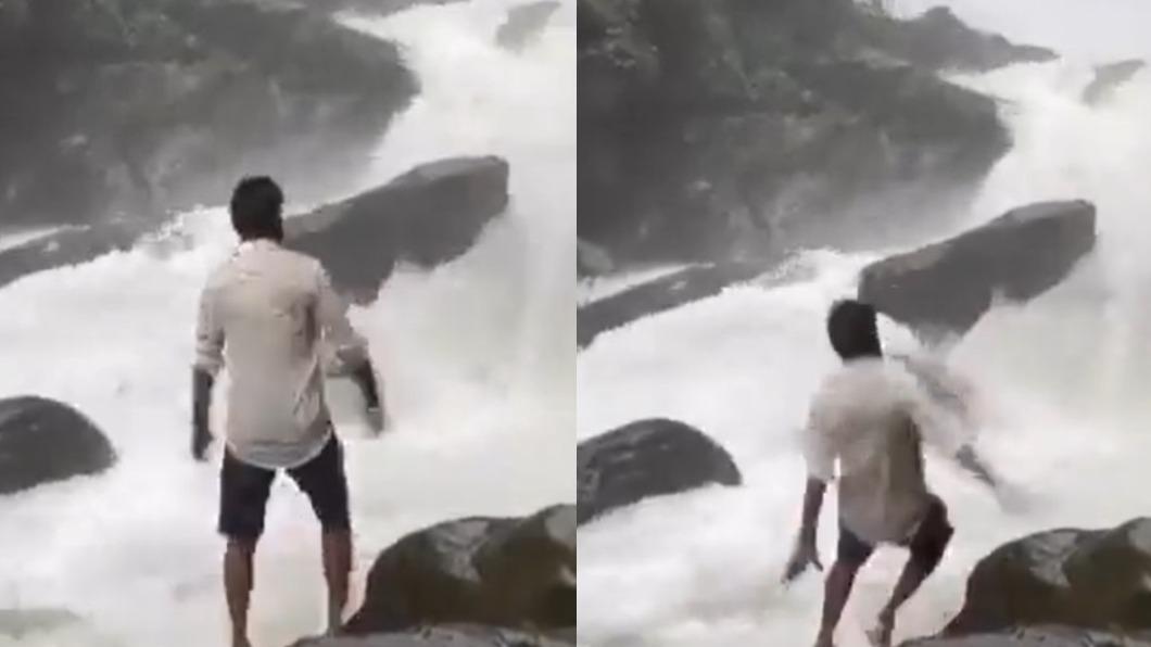 男子看瀑布時不慎失足。（圖／翻攝自推特＠WazBLR）