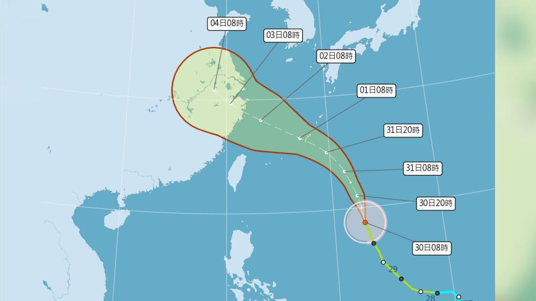 今年第六號颱風輕度颱風卡努今（30）日上午8時位於台灣東南東方約 1250公里。（圖／氣象局）