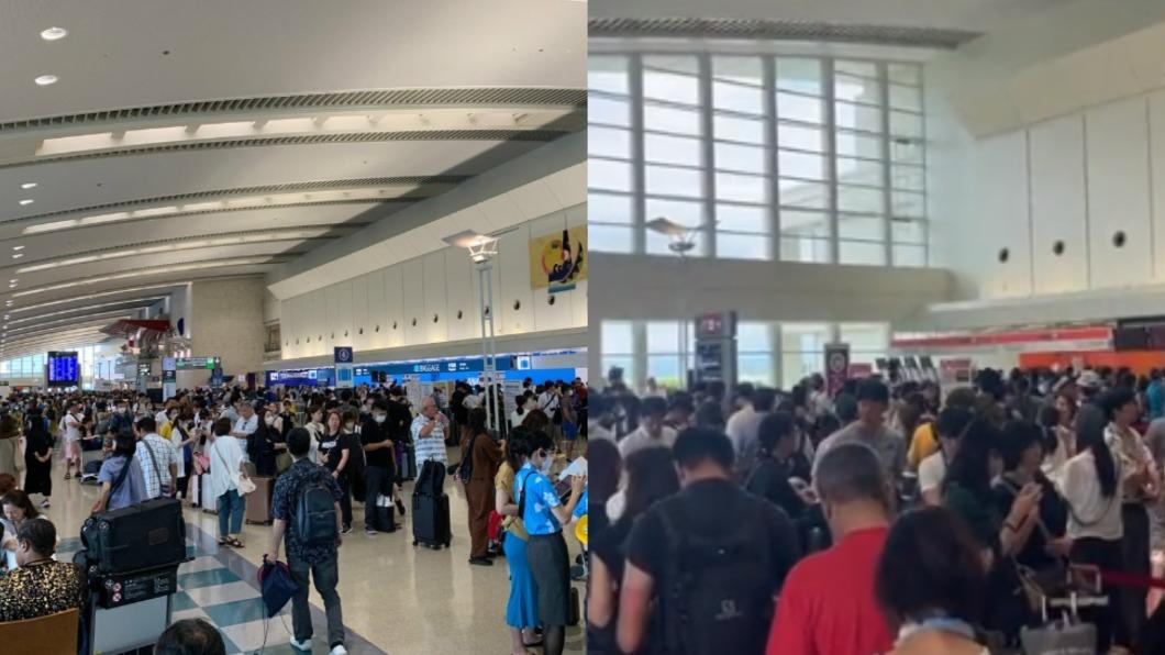 受到卡努颱風來襲影響，那霸機場擠滿旅客。（圖／翻攝自推特@theokinawatimes、@jo3nzv）