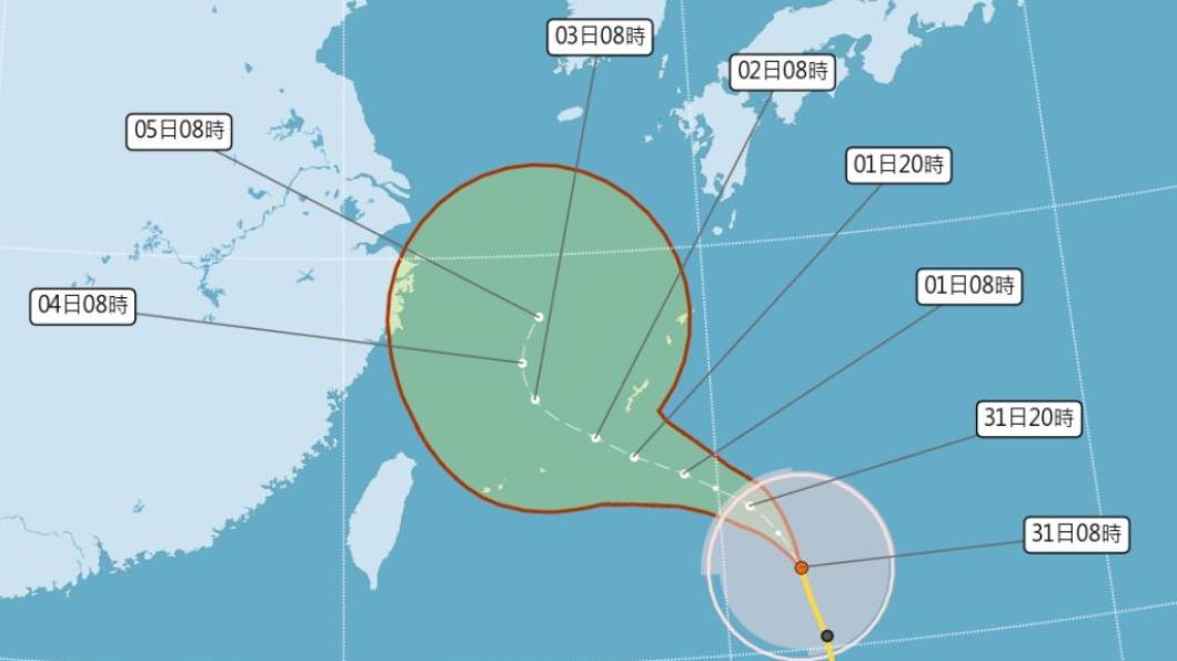 「卡努」颱風預計週三、週四距離臺灣最近。（圖／翻攝自中央氣象局）
