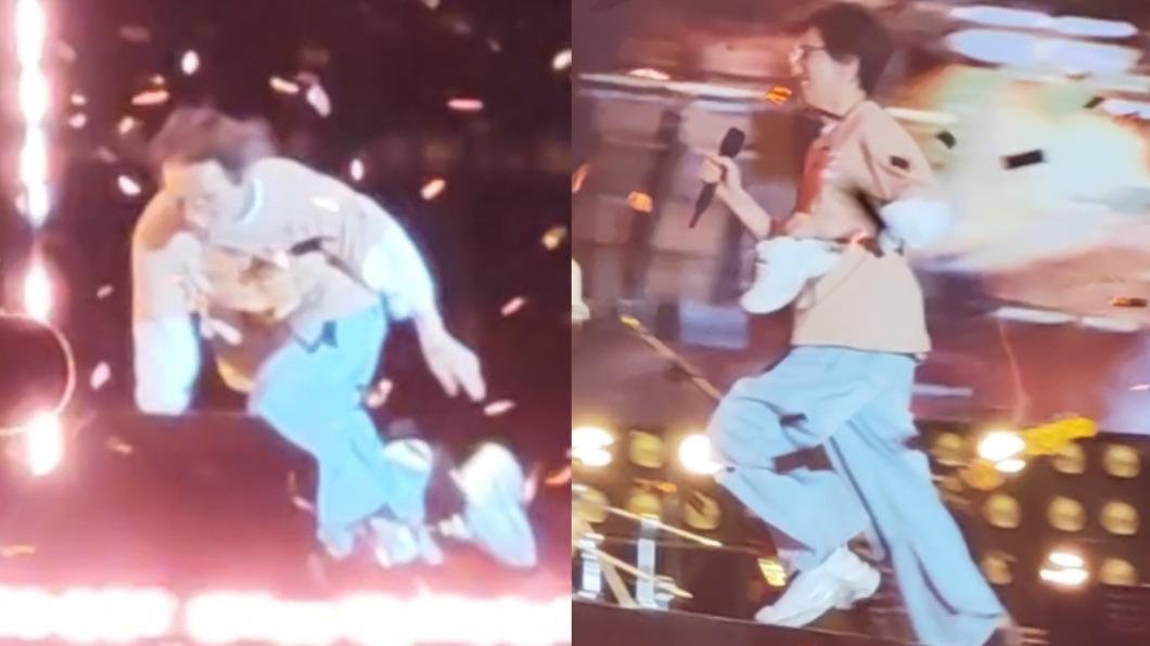 林志炫台上摔倒鞋子噴飛，他立馬拎起來往舞台中央跑。（圖／翻攝自念念LinT微博）