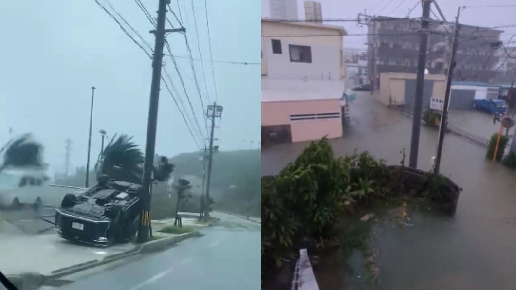 卡努暴風圈壟罩沖繩，各地狂風暴雨，轎車翻覆路邊，各地淹水。（圖／翻攝自推特@len_twins、ran_ran2580）