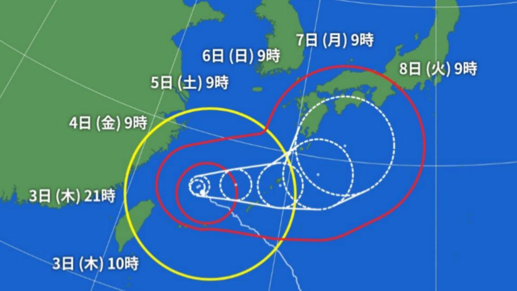 日本氣象廳預測卡努下週將撲向日本九州、四國等區域。（圖／翻攝自日本雅虎）