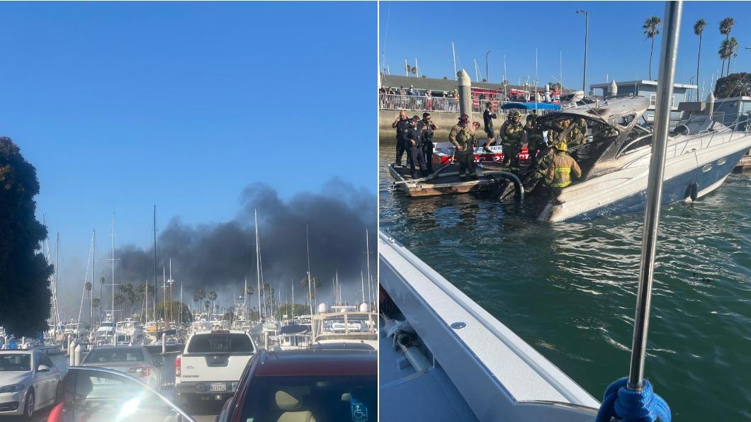 美國加州長堤市5日驚傳一艘遊艇失火。（圖／翻攝自Facbook@Long Beach Fire Department ）