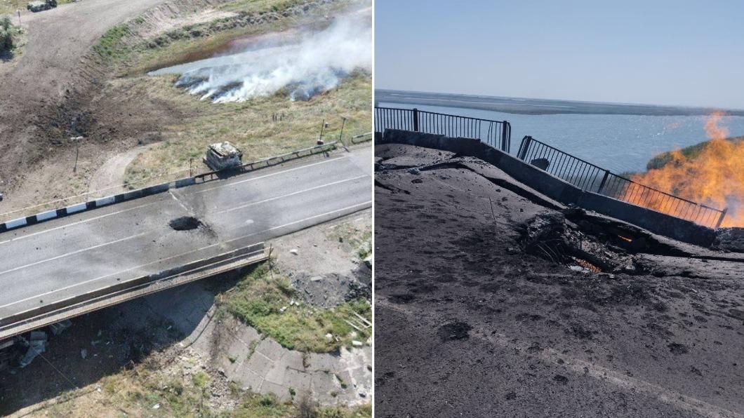 烏克蘭武裝部隊宣稱6日襲擊並損壞連接烏克蘭大陸和克里米亞的2座橋梁。（圖／翻攝自Twitter@PeterClifford1、@nexta_tv）