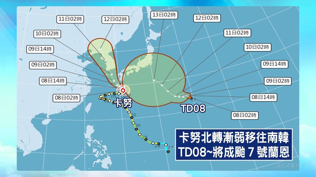 卡努颱風北轉影響日韓，蘭恩颱風最快8日形成。（圖／TVBS）