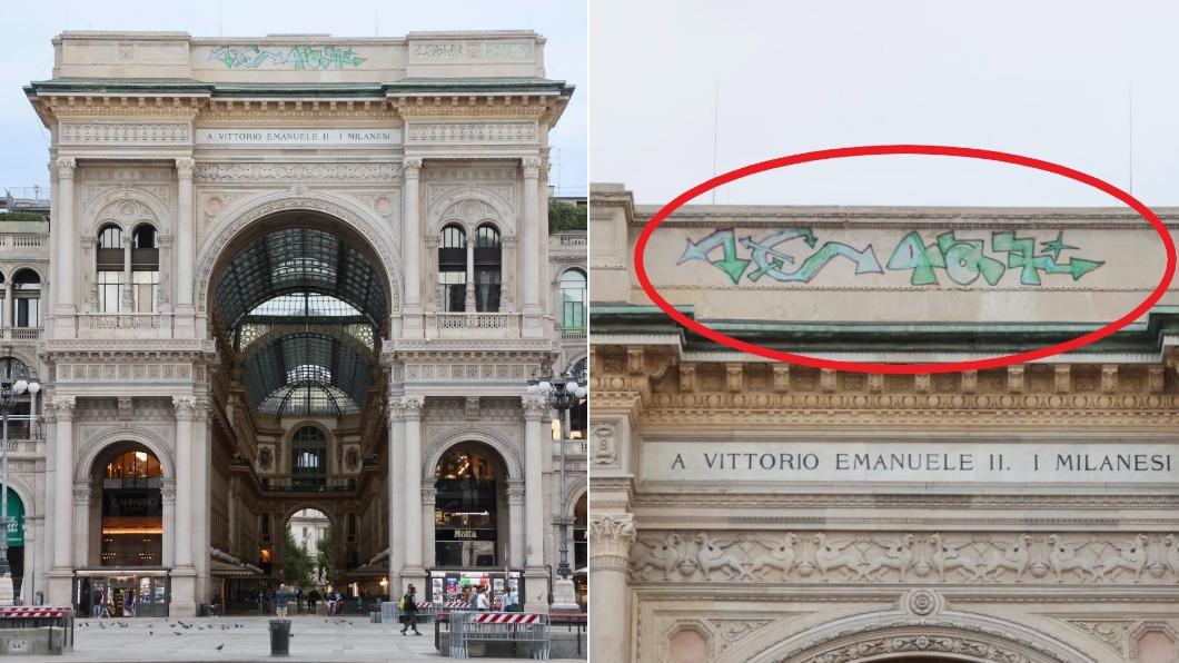 義大利「埃馬努埃萊二世拱廊」遭人塗鴉。（圖／翻攝自Twitter@cherchiandrea）
